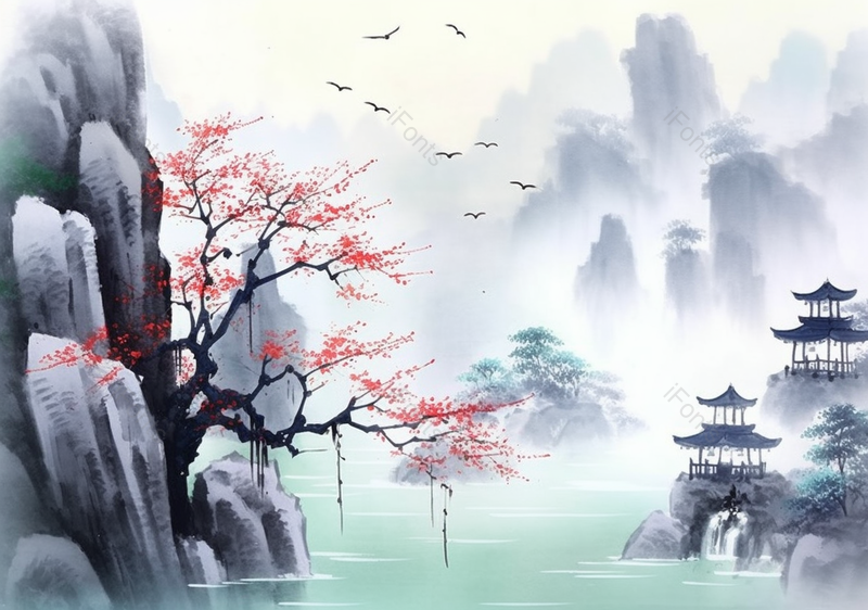 手绘国风意境红色的梅花盛开在山头古风建筑山水风景文艺插画,插画/手绘图,插画/手绘图库,插画/手绘图下载,插画/手绘